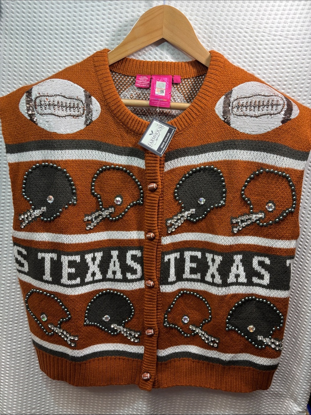 Women’s Queen of Sparkles Texas Football Embellished Orange Knit Sweater Vest